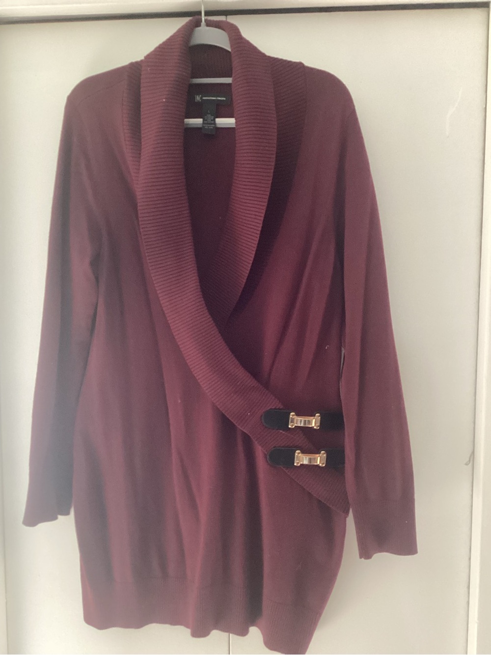 INC International Concepts Burgundy Shawl-Collar Cardigan with Gold Buckles